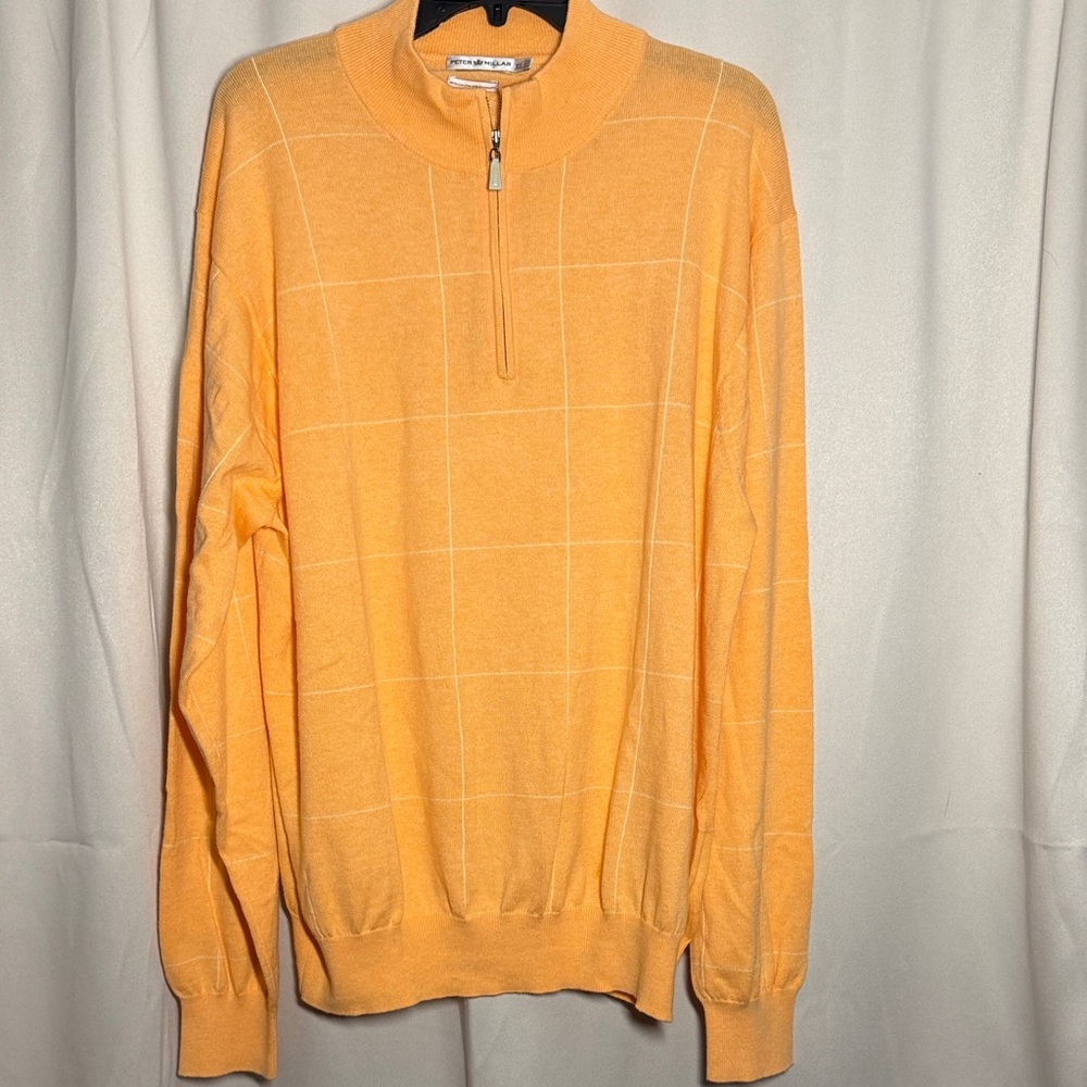 Peter Millar Pastel Orange Windowpane Pattern Cotton‎ Cashmere Quarter Zip XL
